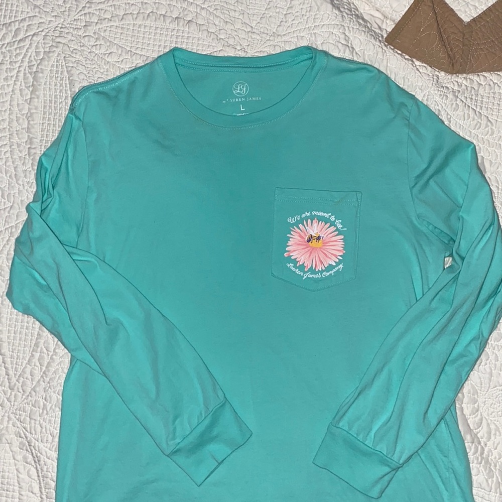 Lauren James Teal Long Sleeve Pocket Tee with Pink Daisy